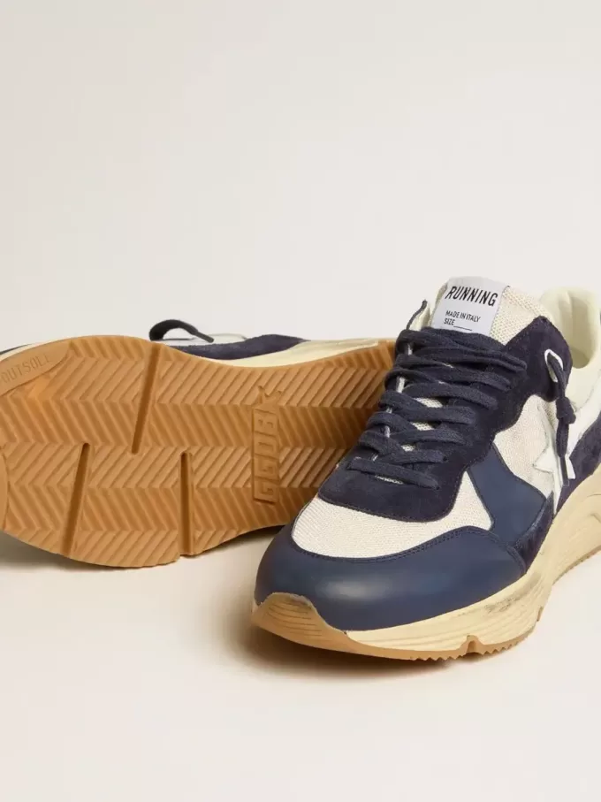 Running Sole in mesh color crema e pelle blu con stella in pelle bianca