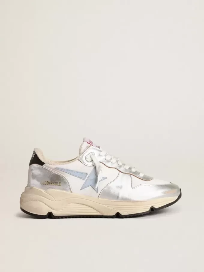 Running Sole in nylon e pelle metallizzata argento con stella azzurra Running Sole in nylon e pelle metallizzata argento con stella azzurra