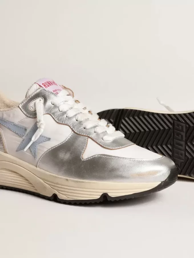 Running Sole in nylon e pelle metallizzata argento con stella azzurra Running Sole in nylon e pelle metallizzata argento con stella azzurra