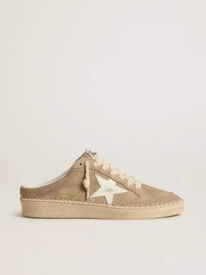 Sabot Ball Star da donna in pelle scamosciata beige con stella in pelle bianca