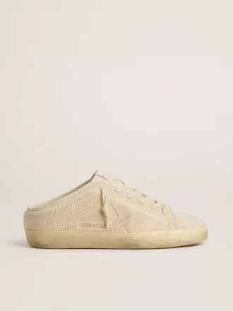 Sabot Super-Star da donna in tela beige con perline ricamate e stella in pelle scamosciata beige Sabot Super-Star da donna in tela beige con perline ricamate e stella in pelle scamosciata beige