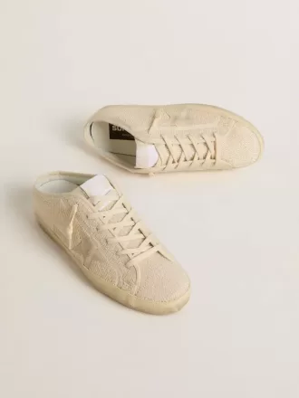 Sabot Super-Star da donna in tela beige con perline ricamate e stella in pelle scamosciata beige Sabot Super-Star da donna in tela beige con perline ricamate e stella in pelle scamosciata beige