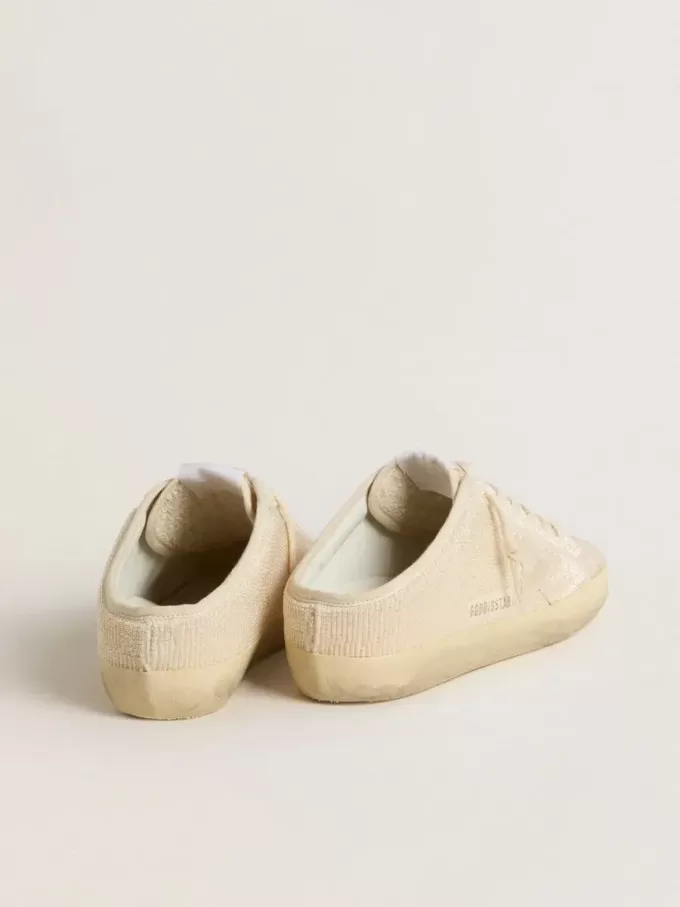 Sabot Super-Star da donna in tela beige con perline ricamate e stella in pelle scamosciata beige Sabot Super-Star da donna in tela beige con perline ricamate e stella in pelle scamosciata beige