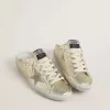 Sabot Super-Star in pelle laminata platino con stella in camoscio beige