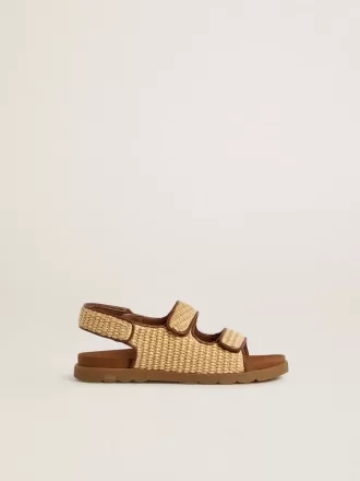 Sandali Junior Noa in rafia beige e pelle marrone