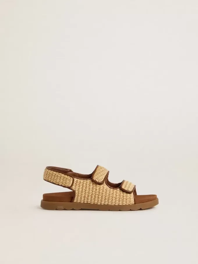 Sandali Junior Noa in rafia beige e pelle marrone