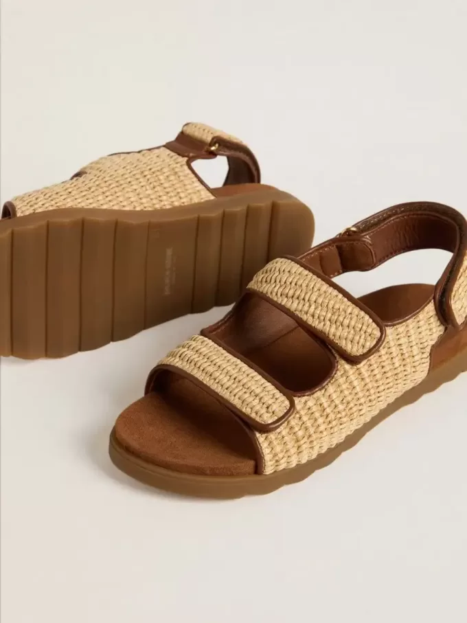 Sandali Junior Noa in rafia beige e pelle marrone