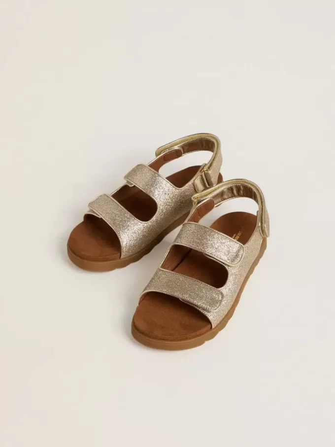 Sandali Noa Junior in micro-glitter e pelle platino