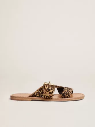 Sandali piatti da donna Margaret in pelle di pony con stampa leopardata