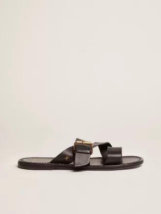 Sandali piatti da donna Margaret in pelle nera rivestita in resina
