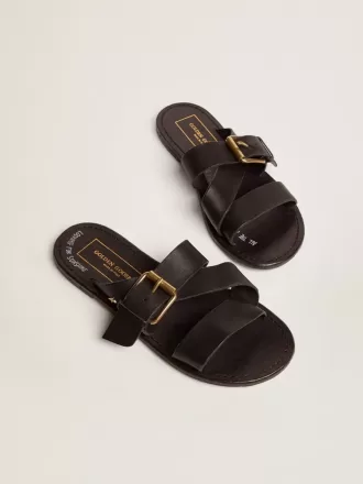 Sandali piatti da donna Margaret in pelle nera rivestita in resina