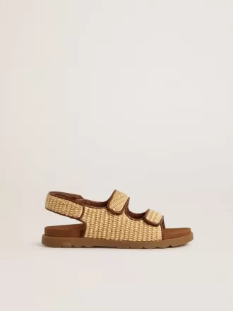Sandali Young Noa in rafia beige e pelle marrone