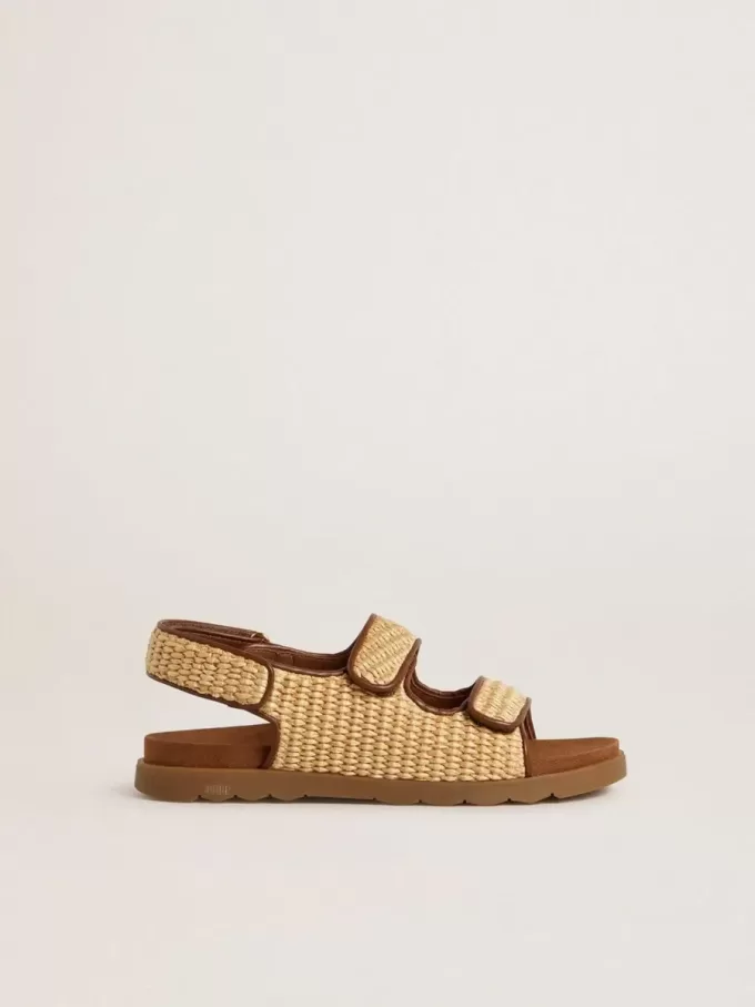 Sandali Young Noa in rafia beige e pelle marrone