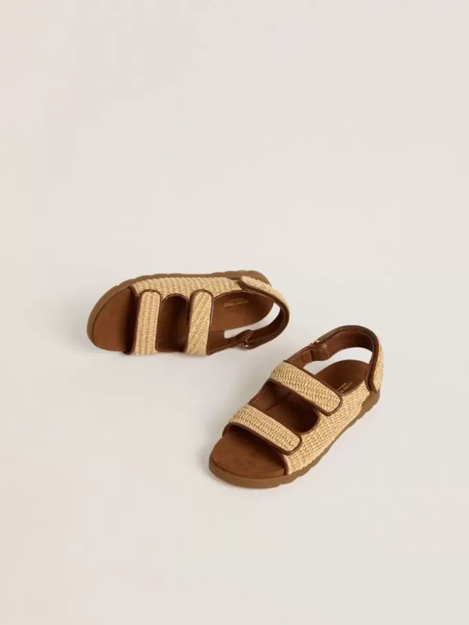 Sandali Young Noa in rafia beige e pelle marrone
