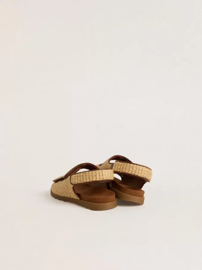 Sandali Young Noa in rafia beige e pelle marrone