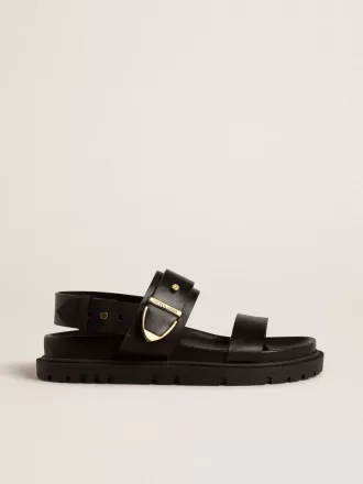 Sandalo Lucy da donna in pelle nera lucida con fibbia in metallo dorato