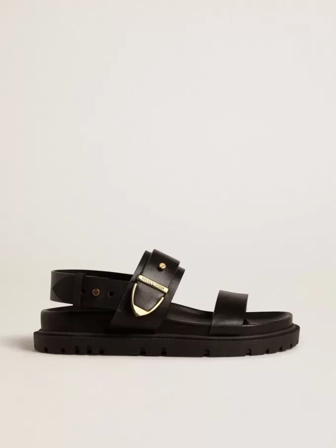 Sandalo Lucy da donna in pelle nera lucida con fibbia in metallo dorato
