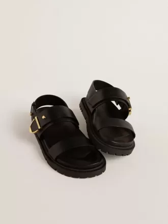 Sandalo Lucy da donna in pelle nera lucida con fibbia in metallo dorato