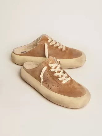 Scarpe da donna Space-Star Sabot in pelle scamosciata color tabacco con fodera in shearling