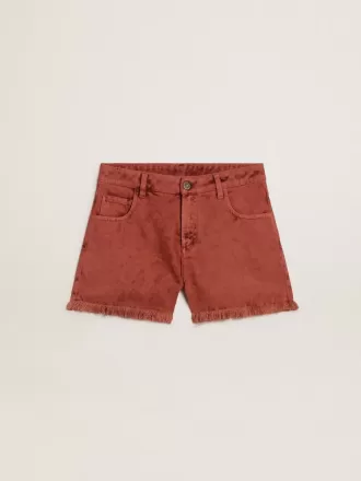Shorts da donna in denim rosso mattone con ricamo Golden Mediterraneo