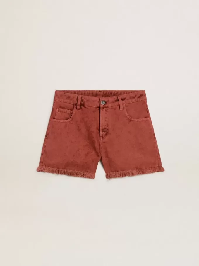 Shorts da donna in denim rosso mattone con ricamo Golden Mediterraneo