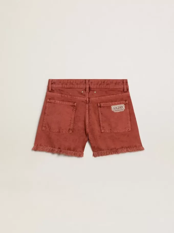 Shorts da donna in denim rosso mattone con ricamo Golden Mediterraneo
