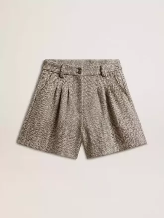Shorts da donna in lana a spina di pesce color ecru marrone