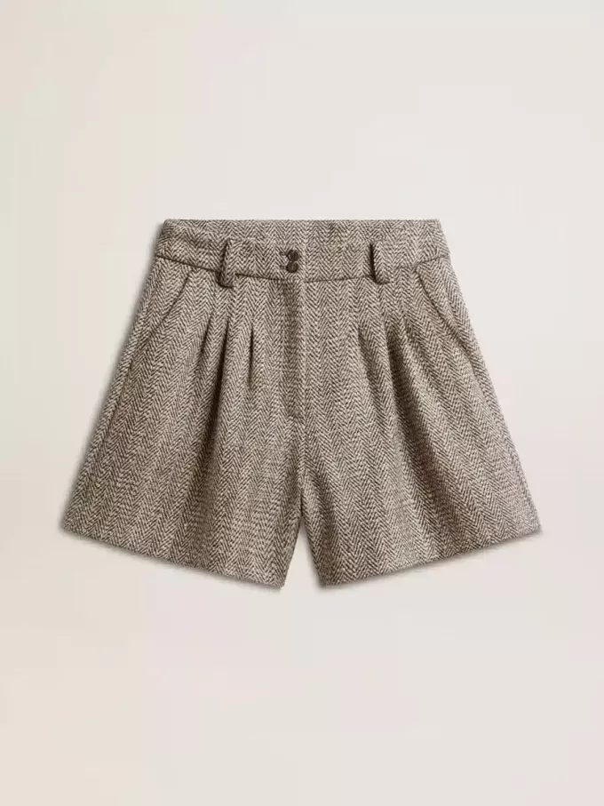 Shorts da donna in lana a spina di pesce color ecru marrone Shorts da donna in lana a spina di pesce color ecru marrone