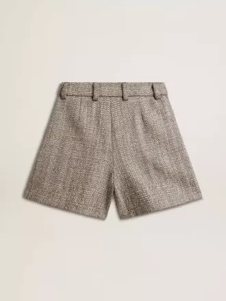 Shorts da donna in lana a spina di pesce color ecru marrone