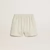Shorts da donna in misto lana a righe bianche e grigie