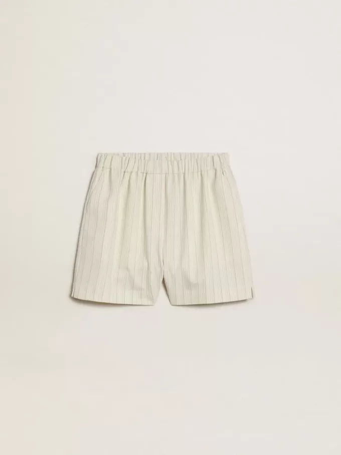 Shorts da donna in misto lana a righe bianche e grigie