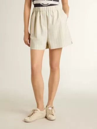 Shorts da donna in misto lana a righe bianche e grigie
