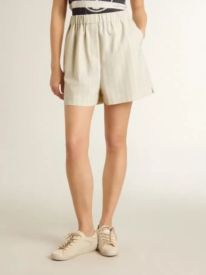 Shorts da donna in misto lana a righe bianche e grigie