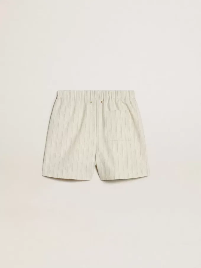 Shorts da donna in misto lana a righe bianche e grigie