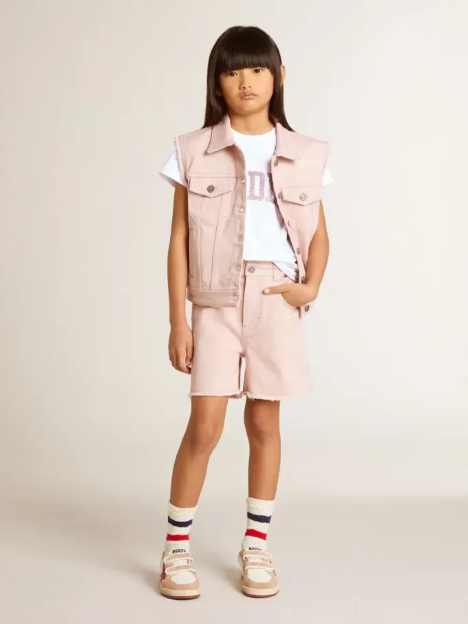 Shorts rosa in cotone con ricami per bambina Shorts rosa in cotone con ricami per bambina