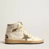 Sky-Star da donna in pelle nappa bianca con stella in camoscio grigio tortora