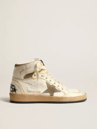 Sky-Star da donna in pelle nappa bianca con stella in camoscio grigio tortora