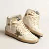 Sky-Star da donna in pelle nappa bianca con stella in camoscio grigio tortora