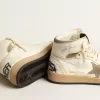 Sky-Star da donna in pelle nappa bianca con stella in camoscio grigio tortora