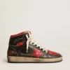 Sky-Star da donna in pelle nera lucida con stella rossa