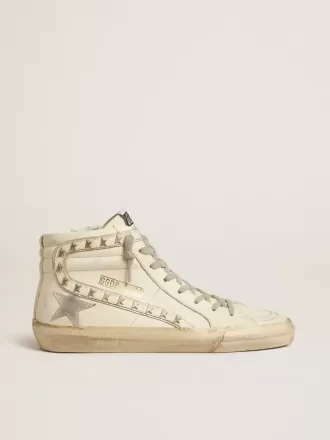 Slide con stella in pelle metallizzata argento e flash in pelle con stelle Slide con stella in pelle metallizzata argento e flash in pelle con stelle