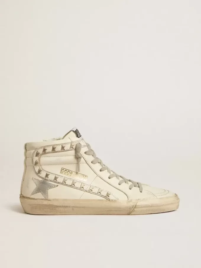 Slide con stella in pelle metallizzata argento e flash in pelle con stelle Slide con stella in pelle metallizzata argento e flash in pelle con stelle