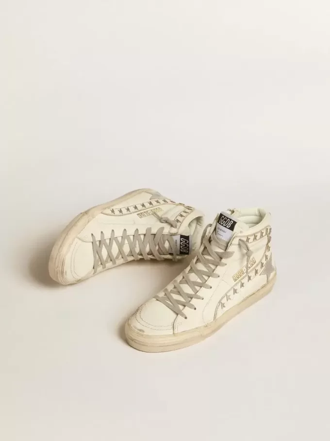 Slide con stella in pelle metallizzata argento e flash in pelle con stelle Slide con stella in pelle metallizzata argento e flash in pelle con stelle