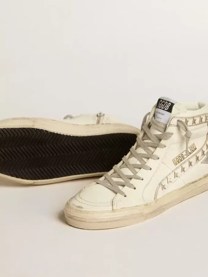 Slide con stella in pelle metallizzata argento e flash in pelle con stelle Slide con stella in pelle metallizzata argento e flash in pelle con stelle