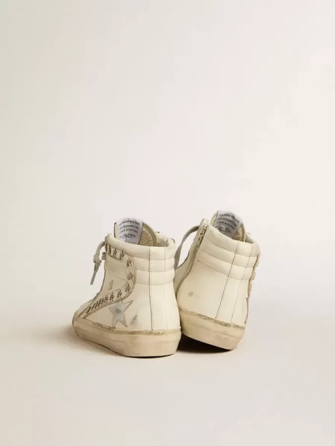 Slide con stella in pelle metallizzata argento e flash in pelle con stelle Slide con stella in pelle metallizzata argento e flash in pelle con stelle