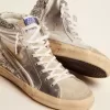 Slide da donna con tomaia in pelle laminata e glitter argento Slide da donna con tomaia in pelle laminata e glitter argento