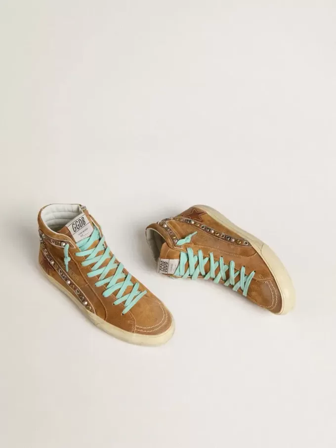 Slide da donna in pelle scamosciata color ocra con stella in pelle color tabacco