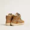 Slide da donna in pelle scamosciata color ocra con stella in pelle color tabacco