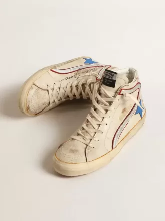 Slide da uomo con stella in pelle azzurra e dettaglio in pelle metallizzata argento