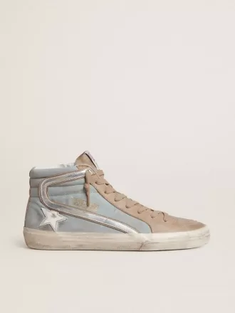 Slide da uomo in tela azzurra con inserti in pelle metallizzata argento